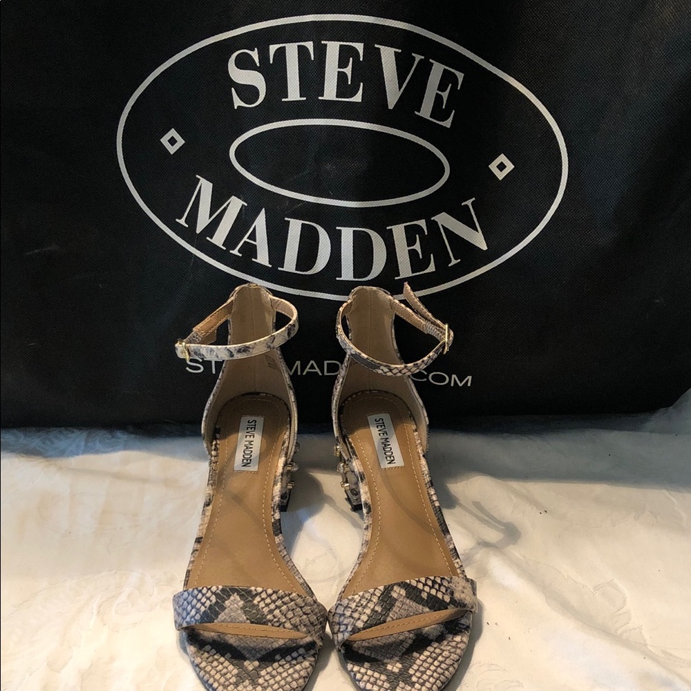 Steve Madden Beige Snake-Print Ankle Strap Heels